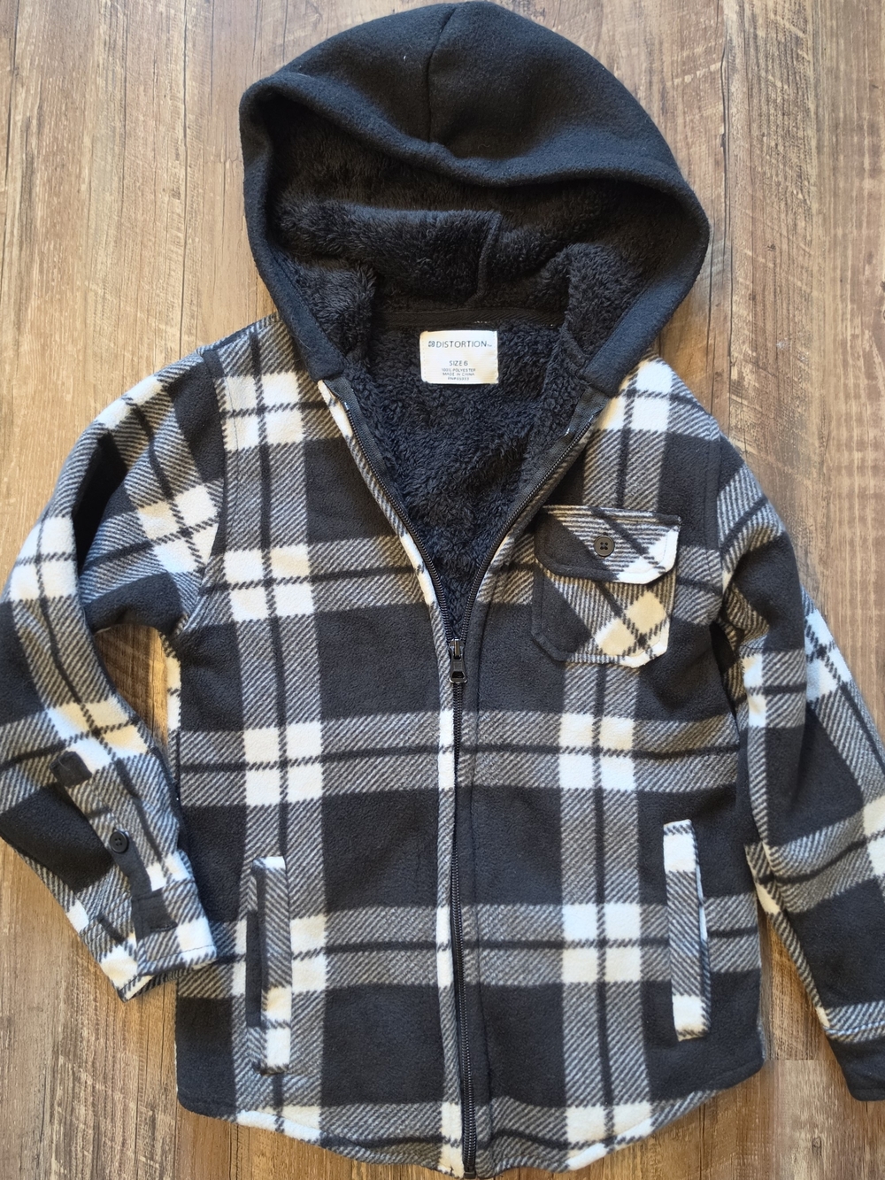 Distortion Boys Black & White Plaid Sherpa-Lined Fleece Zip Jacket - Size 6